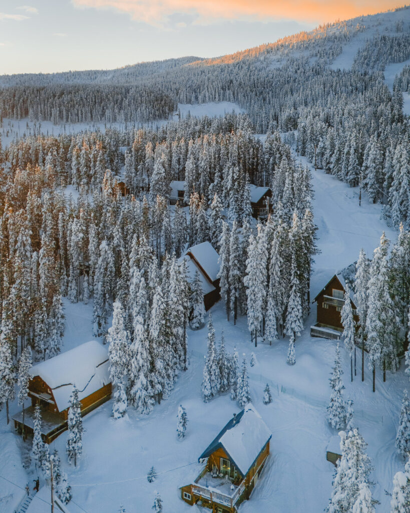 A drone image of snow covered cabins at Mt Baldy near Oliver British Columbia