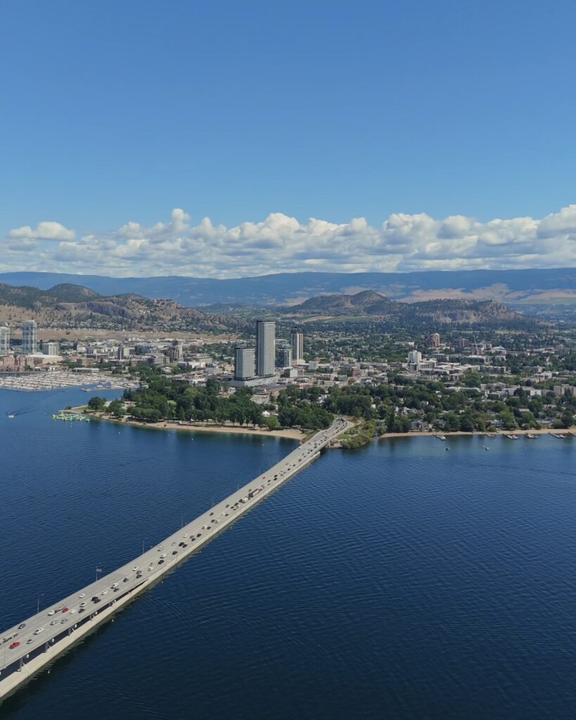 The city skyline of Kelowna, British Columbia from above the bridge in The Okanagan Valley