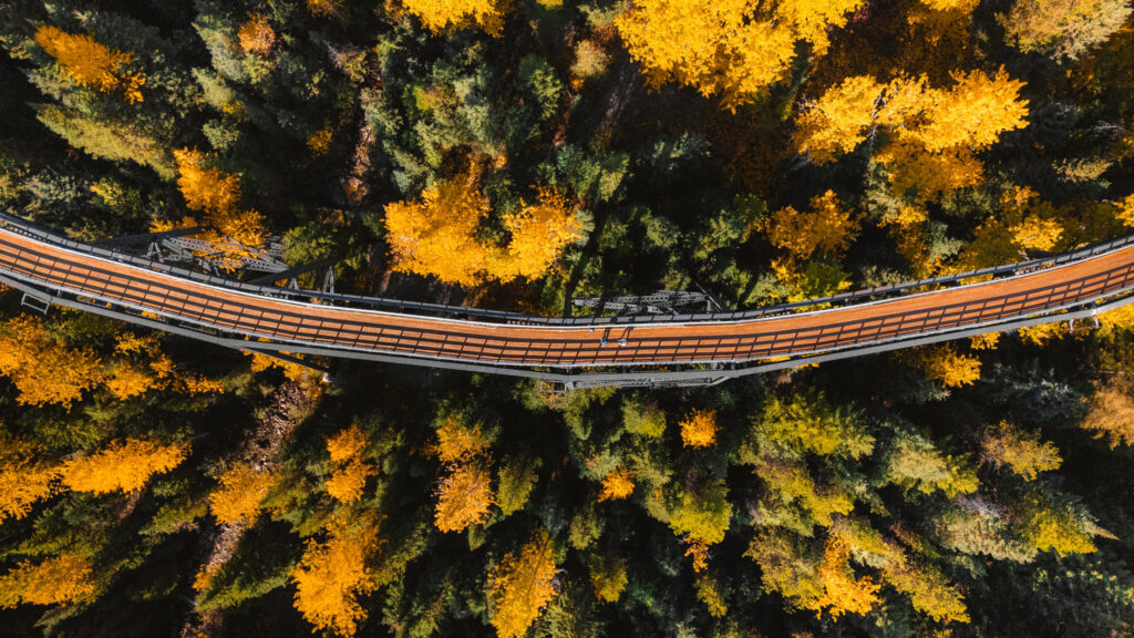Birds eye drone image of the Myra Bellevue Trestle in Kelowna, British Columbia 