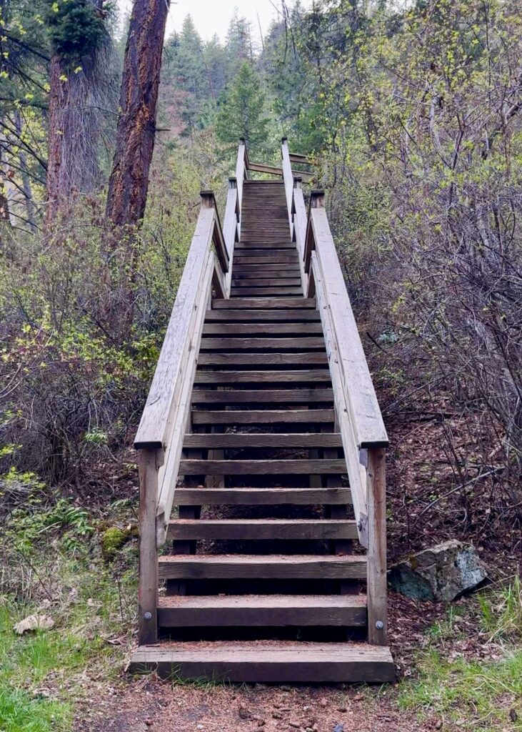 The staircase leading to Fintry Falls Provincial Park near Kelowna British Columbia